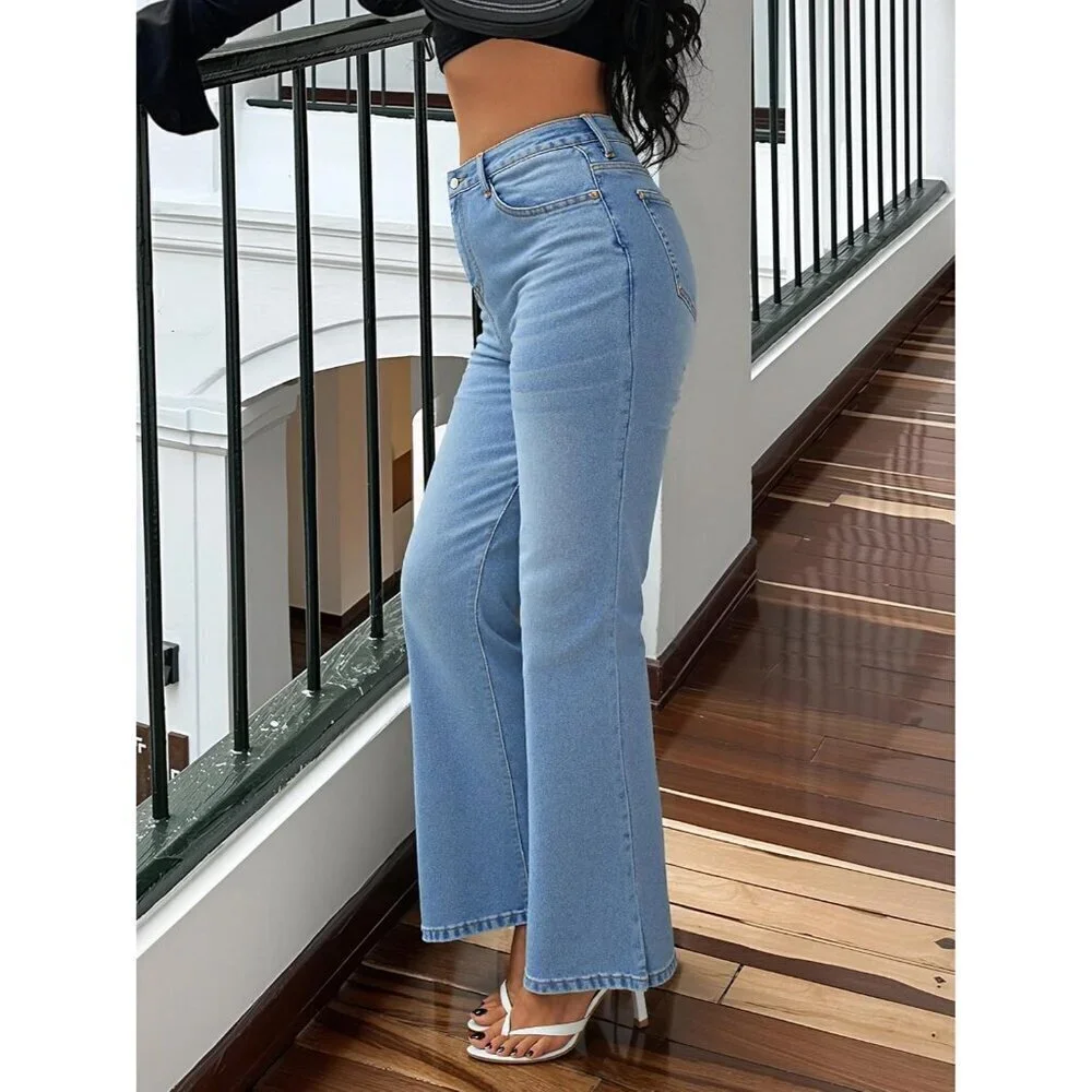 Women Flared Jeans Mid-High Waist Y2K 90s Denim Pants Casual Trendy